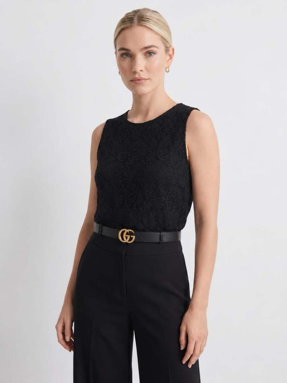 Worthington Lace Sleeveless Top Size M Black Floral Blouse